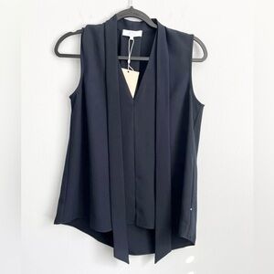 NWT! Pearl Lela Rose Size S • Navy Blue Fluid Crepe Sleeveless Tie Neck Blouse.